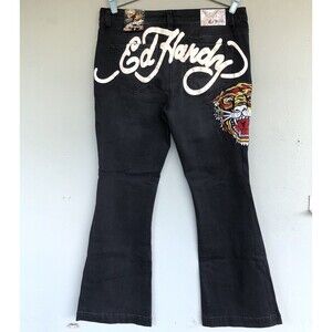 Ed Hardy Women’s Jeans 32 Black Flared Embroidered Mid Rise Y2K Grunge Street